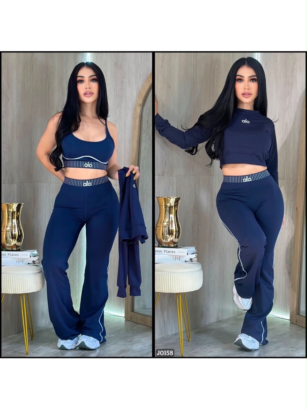 ALO Yoga Navy High-Rise Flare Pants with Striped Waistband